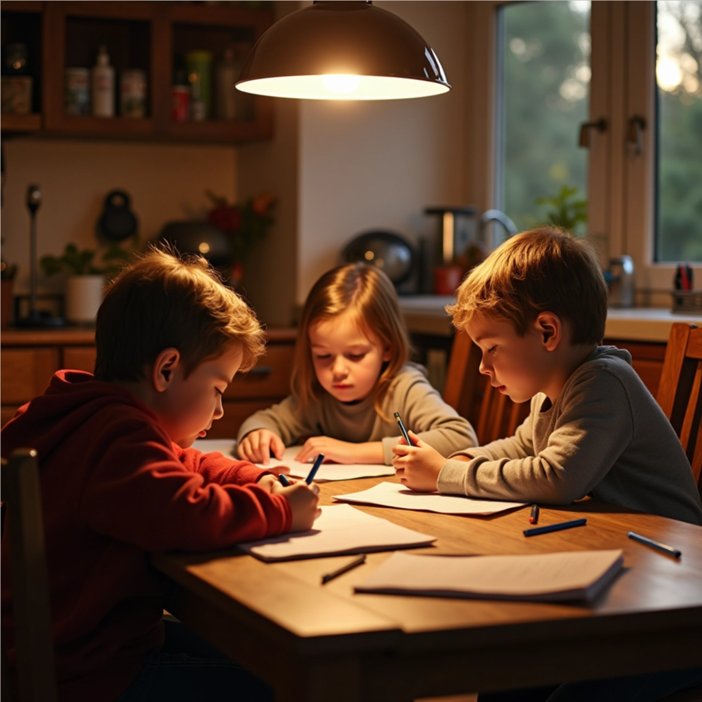 Children doing homework at a kitchen table with warm evening lighting, symbolizing busy school routines in October.