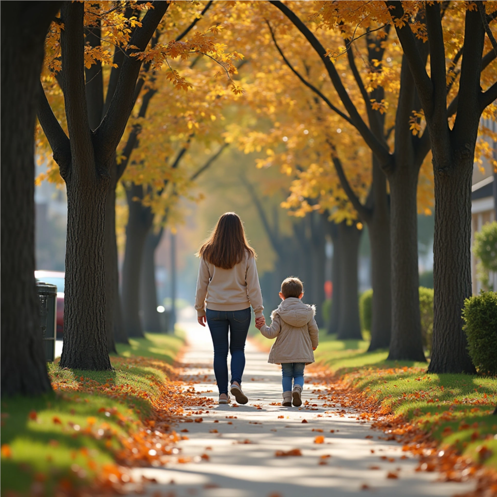 A mom and child walking along a sidewalk covered in fallen leaves, representing a simple grounding activity during fall.