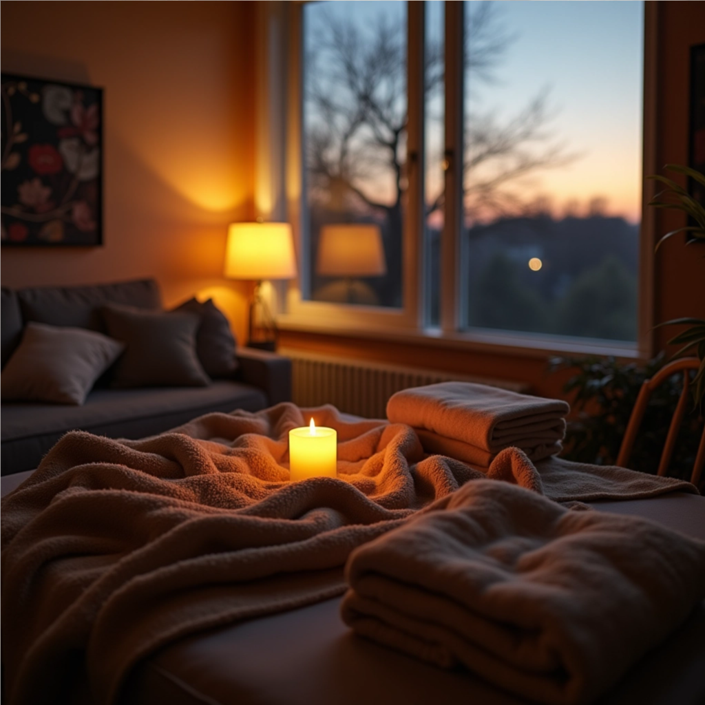 A cozy living room with soft lighting and folded blankets, illustrating a calming evening reset during a stressful month.