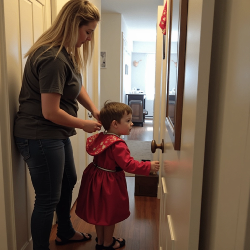 Children in simple Halloween costumes standing by the front door, soft warm lighting, candid lifestyle photography, early evening atmosphere, no faces shown.