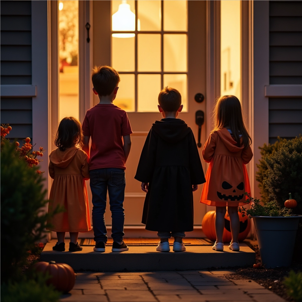 A quiet suburban street at dusk with soft porch lights and pumpkins, warm fall tones, slightly blurred background, calm and cozy Halloween night mood, no people shown.