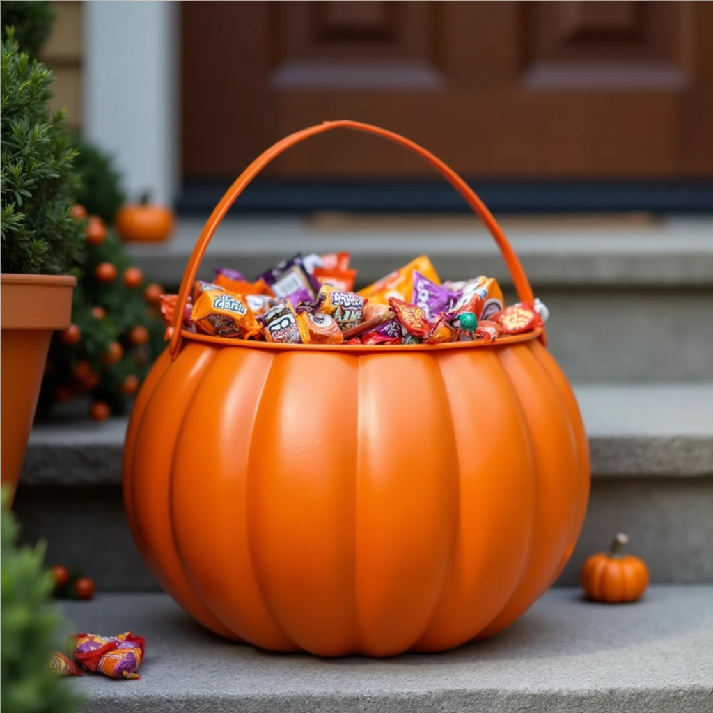 A close-up of a classic orange pumpkin candy bucket filled with assorted Halloween treats, placed on a porch step, warm autumn tones, clean composition.