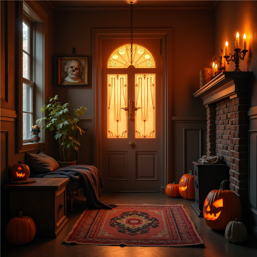 A softly lit living room with minimal Halloween decorations and blankets, illustrating a cozy end to Halloween night.