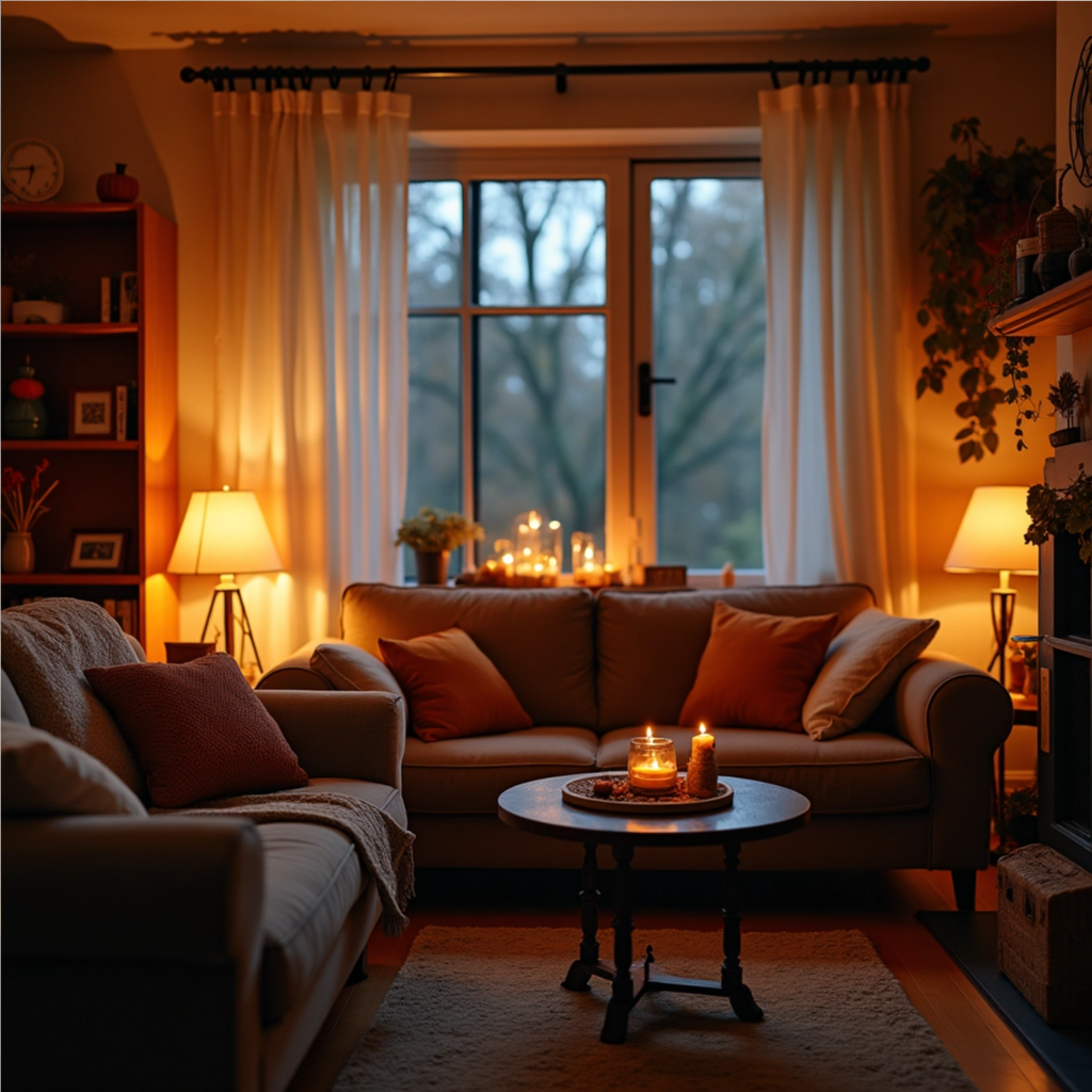 A softly lit living room in the early evening with warm lamps, blankets, and a calm atmosphere, representing a cozy family night during fall, no people present.