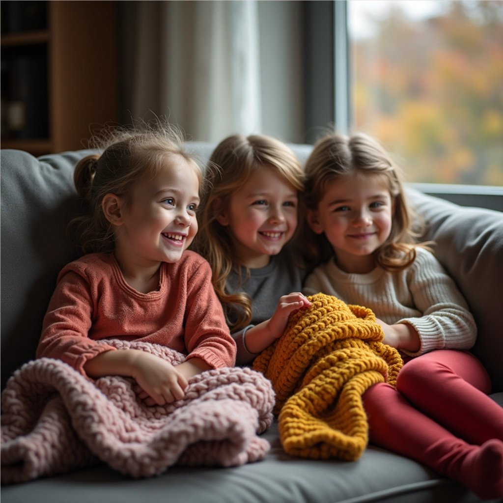 Children sitting on the couch with blankets after school, soft lighting, cozy fall atmosphere, candid lifestyle photo, no faces shown.