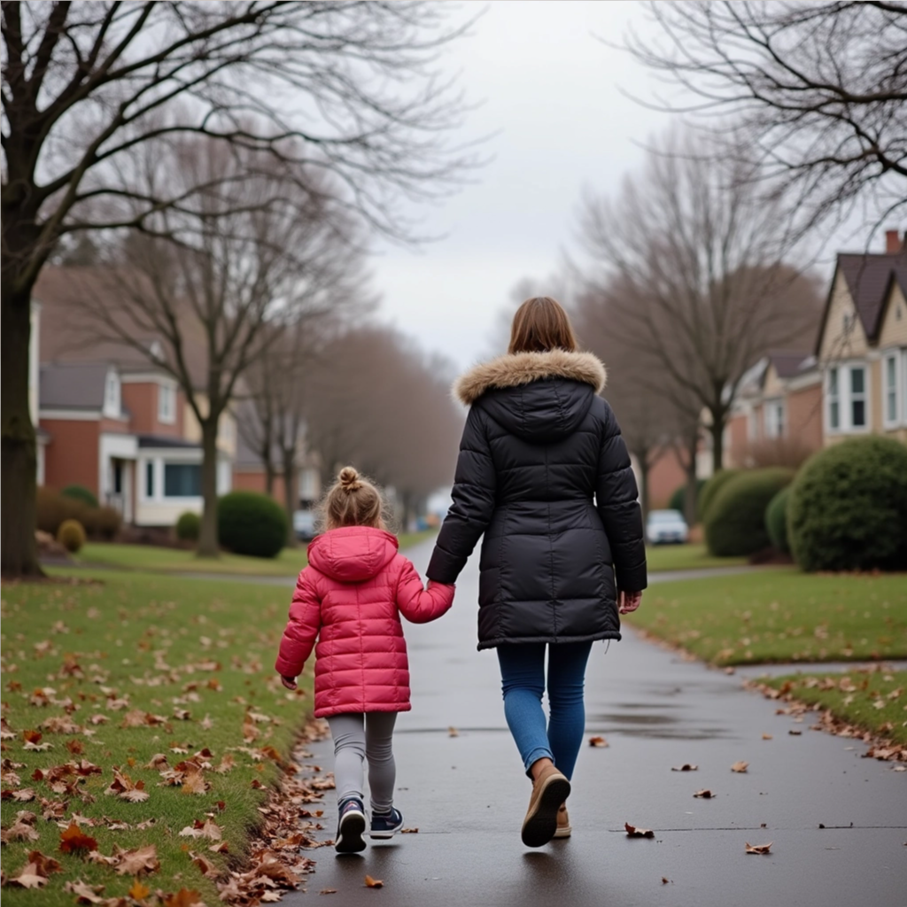 A mom and child walking on a chilly November day with jackets, cloudy sky, fallen leaves on the ground, peaceful suburban setting, no faces visible.