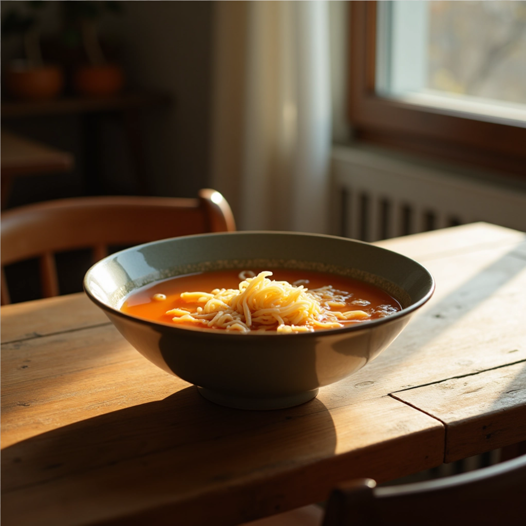 A simple bowl of warm soup or noodles on a wooden table with soft natural light, cozy November feel, minimal and clean composition.