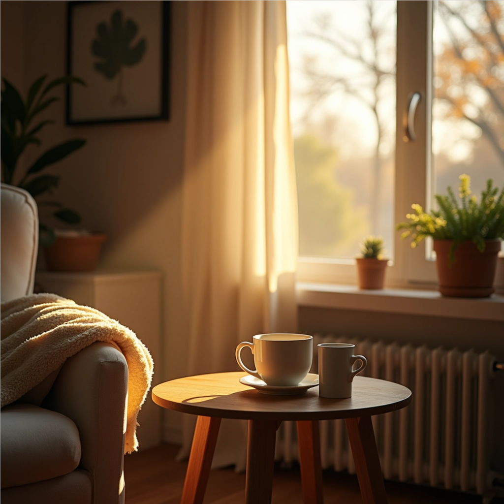 A close-up of a warm drink in a ceramic mug on a wooden table, symbolizing simple moments of comfort.