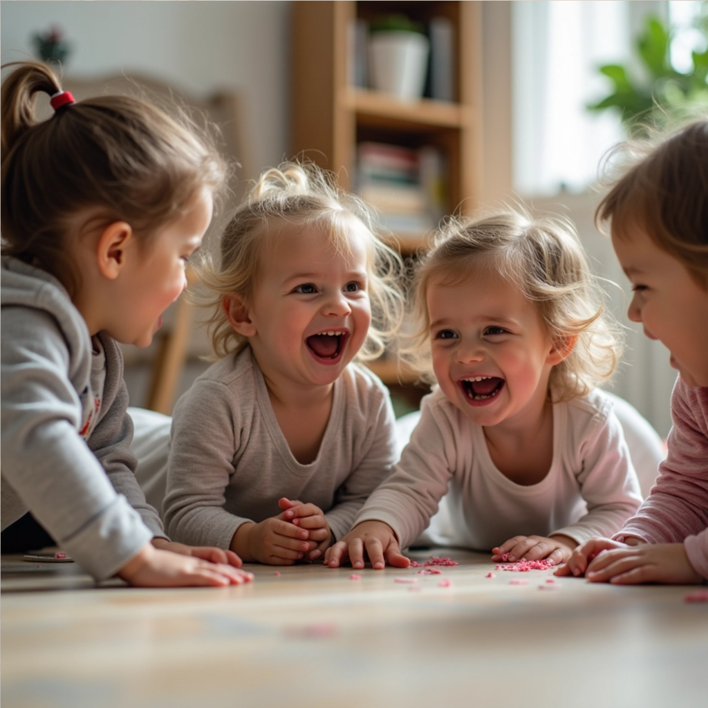 Children laughing while playing on the floor, capturing a joyful and candid family moment.