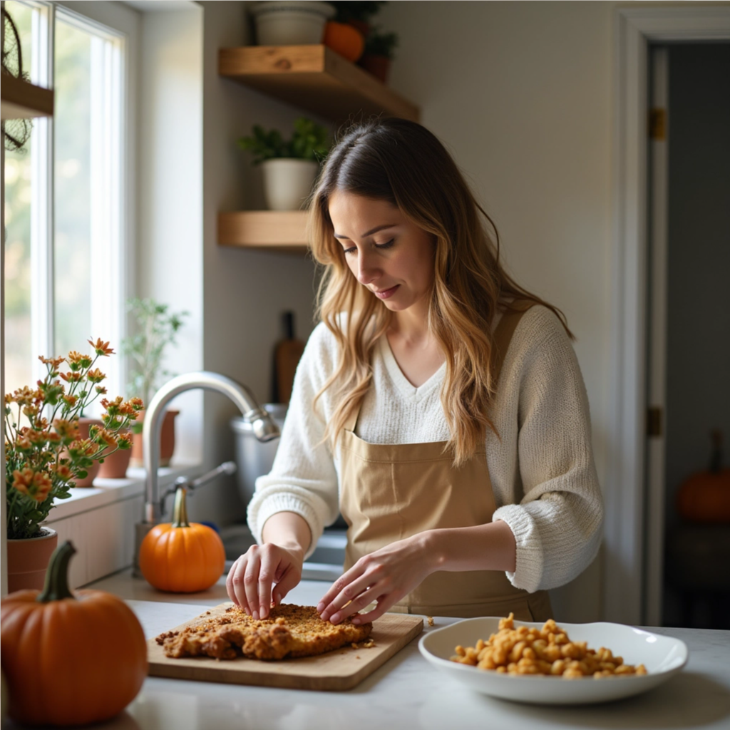 A mom in a kitchen preparing a simple Thanksgiving dish, natural indoor light, uncluttered counter, calm atmosphere, no face shown