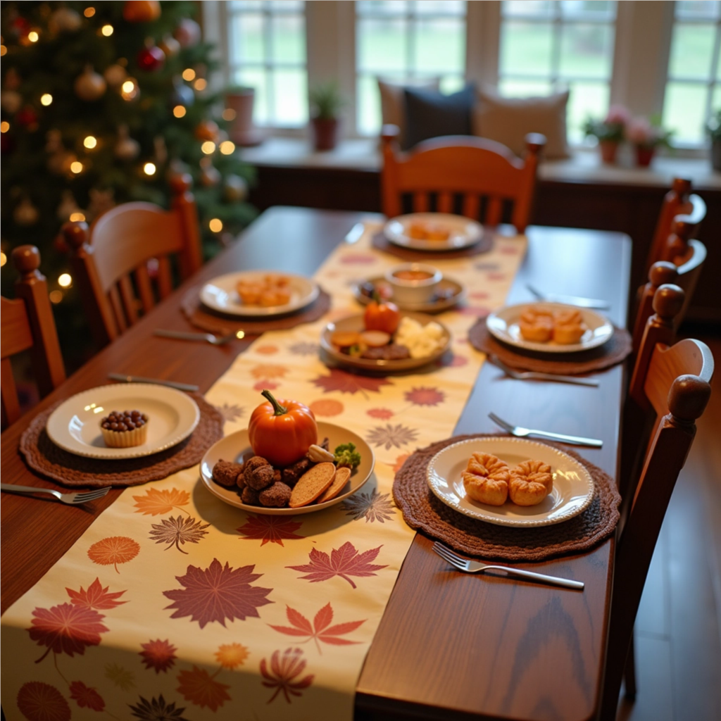 A minimal Thanksgiving table with warm lighting, simple plates, and a small centerpiece, cozy fall atmosphere, clean lifestyle photography, no people present.