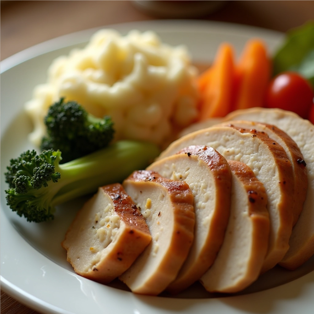 A close-up of a simple Thanksgiving plate with turkey, vegetables, and mashed potatoes, warm tones, minimal and inviting style.