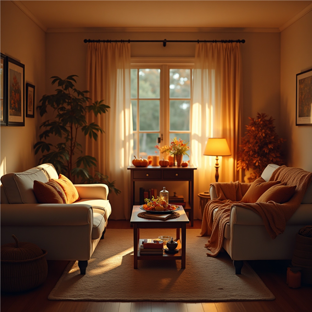 A warm living room with soft lighting, blankets, and subtle fall decorations, representing a calm Thanksgiving environment, no people.