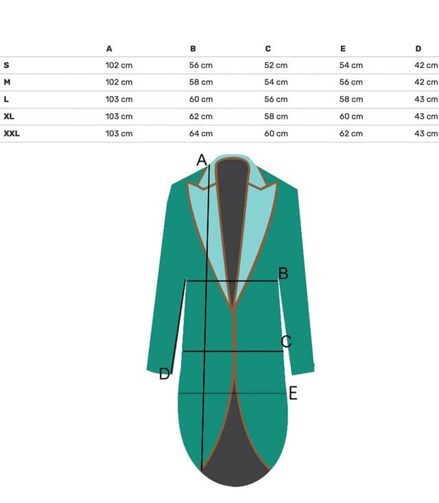 Größentabelle für Jacken mit Maßangaben zu verschiedenen Größen S, M, L, XL und XXL in cm.