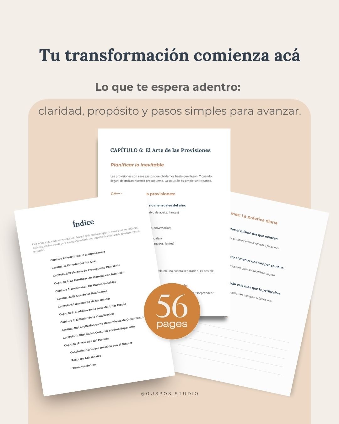 Índice y páginas interiores del ebook Abundancia con Propósito, 56 páginas de guía y reflexión financiera