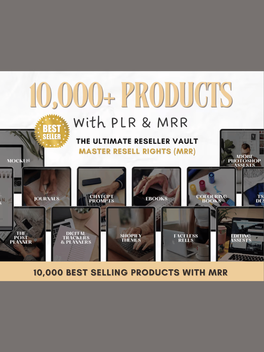 Ultimate PLR and MRR digital profit vault bundle featuring 16,000 ChatGPT prompts, 1,200 faceless aesthetic videos, 2,000 T-shirt designs, 1,000 PLR eBooks, stock images, templates, and resell rights — instant download digital business toolkit for creator