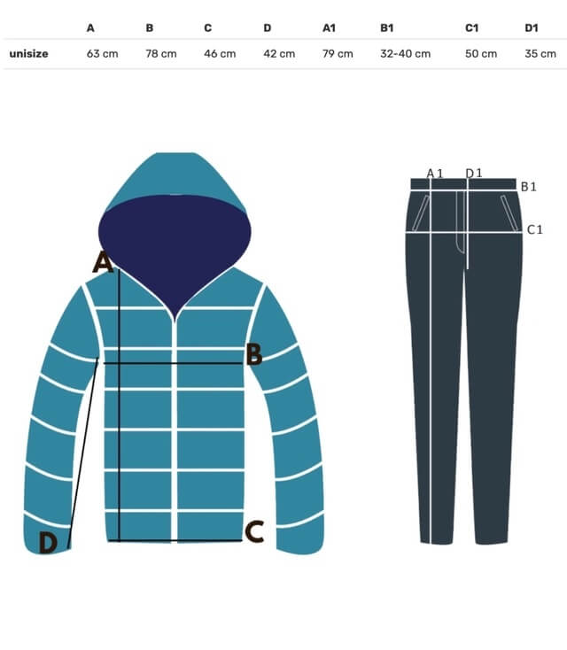 Größentabelle für eine Jacke und Hose mit Maßen in cm, um die passende Größe zu finden.