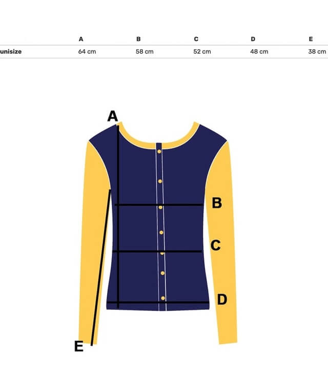 Größentabelle für die unisize Bluse mit Maßen für A, B, C, D und E zur richtigen Passform.
