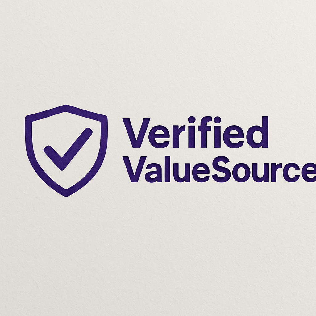 This image features the official logo of VerifiedValueSource, designed with a bold and trustworthy aesthetic. The logo includes a purple shield icon with a prominent checkmark, symbolizing verification, credibility, and secure value. To the right of the icon, the brand name “VerifiedValueSource” appears in a clean and modern sans-serif typeface, emphasizing professionalism and reliability. The design is displayed on a light textured background, giving the logo a polished and high-quality appearance suitable for digital products, ecommerce branding, and online marketplaces.