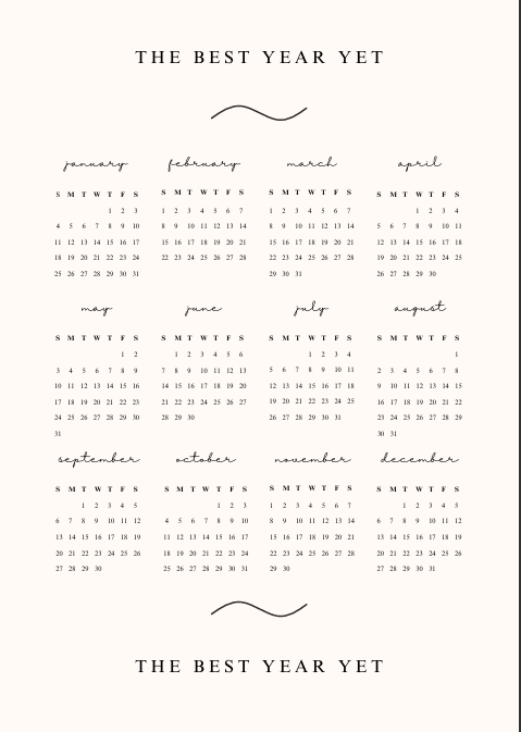 "Complete 2026 calendar spread with all 12 months – January through December. Soft pink and white layout with monthly grids and the sweet message THE BEST YEAR YET repeated.