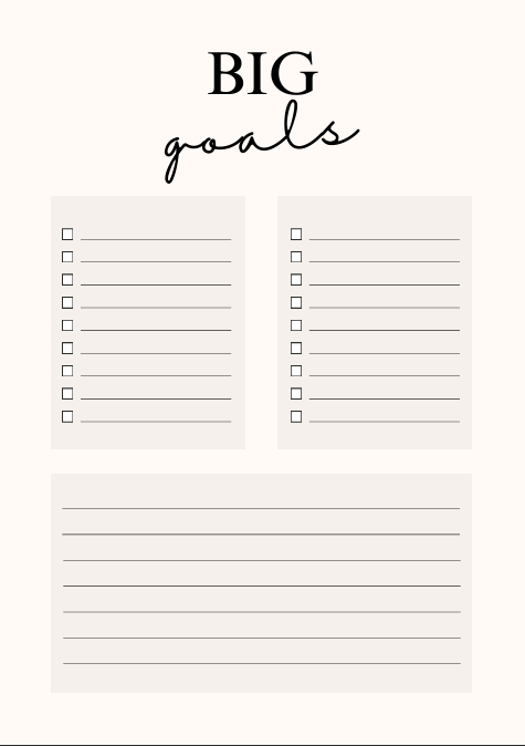 "Goals page with header BIG goals – clean pink and white space for dreaming big and writing down intentions for the year."