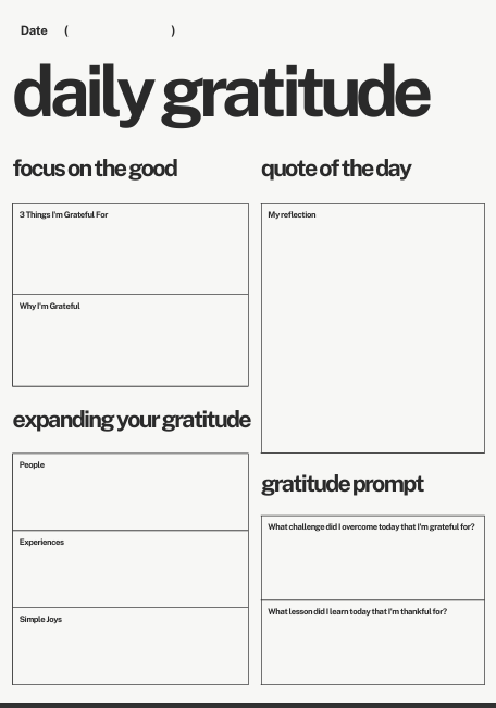 "Daily gratitude spread with sections for 3 Things Im Grateful For, Why Im Grateful, expanding gratitude for people, experiences, and simple joys, quote of the day, reflection space, and deep gratitude prompts – bold grey and black minimalist design