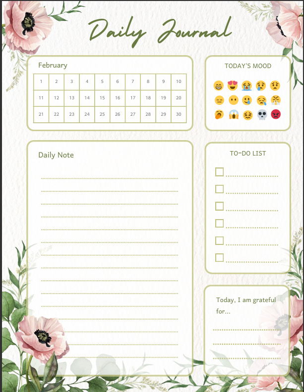 "Elegant floral daily spread with five panels: priorities, to-do list, schedule, notes, and reflection – soft pink, white, and green aesthetic."