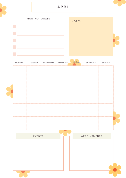 "Pastel monthly planner spread with space for events, notes, and colorful accents – gentle and inviting layout."