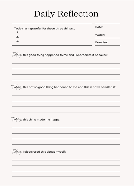 "Daily reflection page from gentle beige journal with prompts for gratitude, self-discovery, water intake, and exercise – clean, calming layout for mindful journaling."