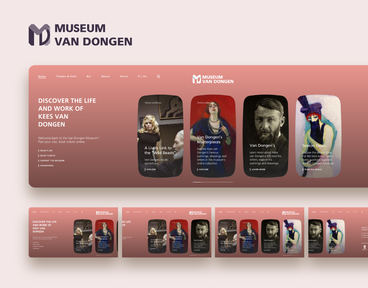 Promotional cover image for the Museum Van Dongen UI Kit. It showcases the main website header with the logo, navigation menu, and featured glassmorphism-style cards.