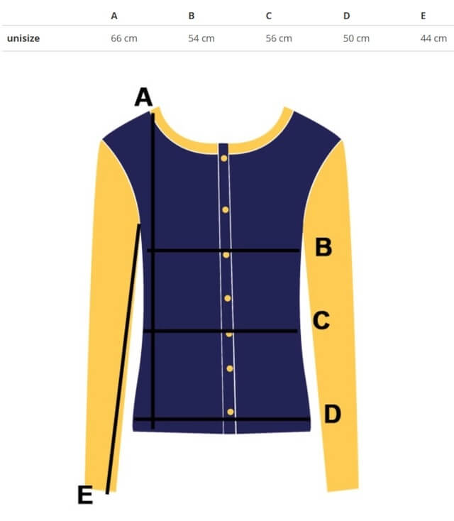 Größentabelle für unifarbene Oberbekleidung mit Maßangaben für A, B, C, D und E.