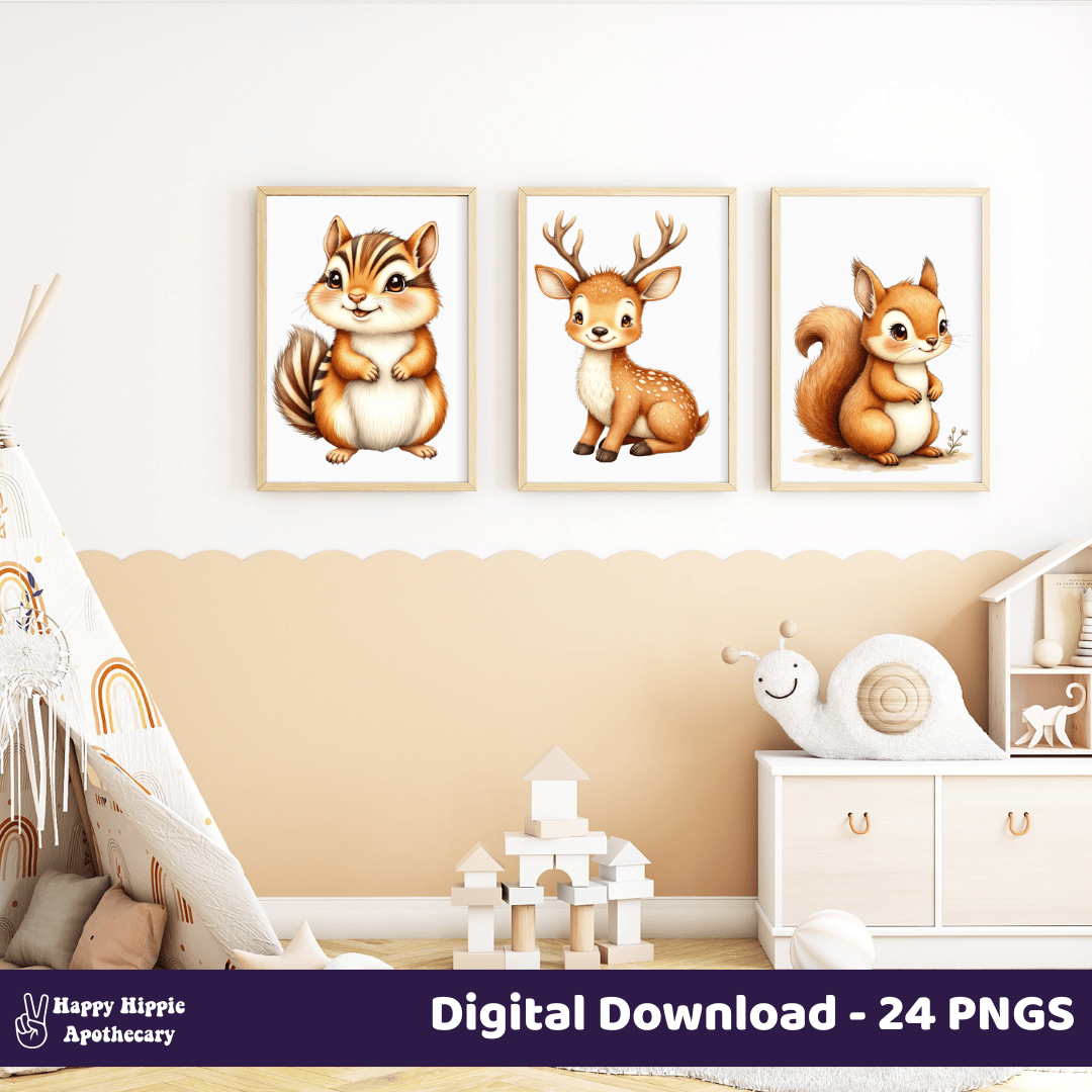 Watercolor woodland animal nursery wall art – chipmunk, deer, and squirrel PNGs for baby room decor and digital download