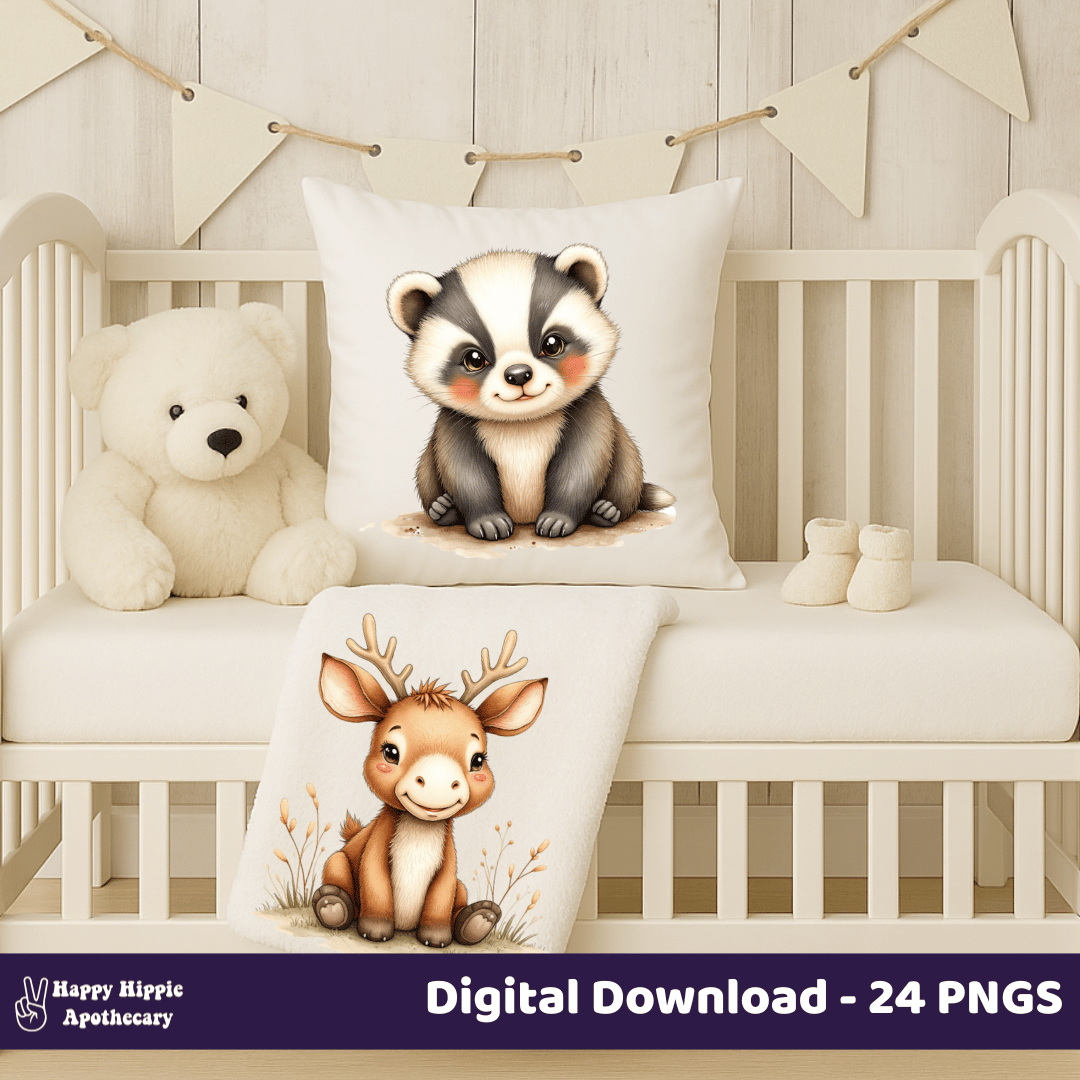 Cute badger and baby deer watercolor PNGs on nursery pillow and blanket – forest animal clipart for sublimation and baby gifts
