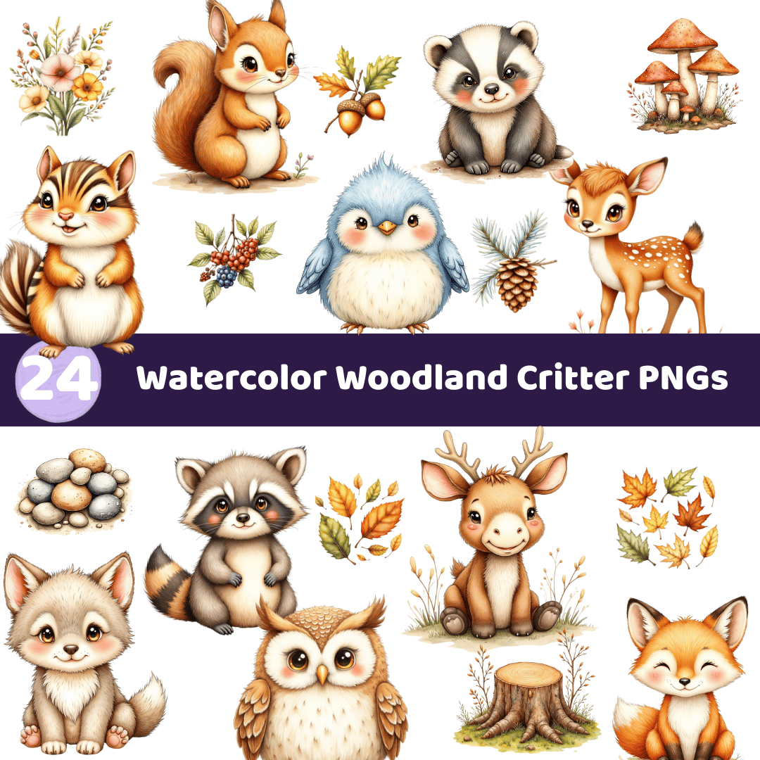 Watercolor woodland critters and autumn forest clipart set – 24 PNGs including animals and accents – nursery and classroom use