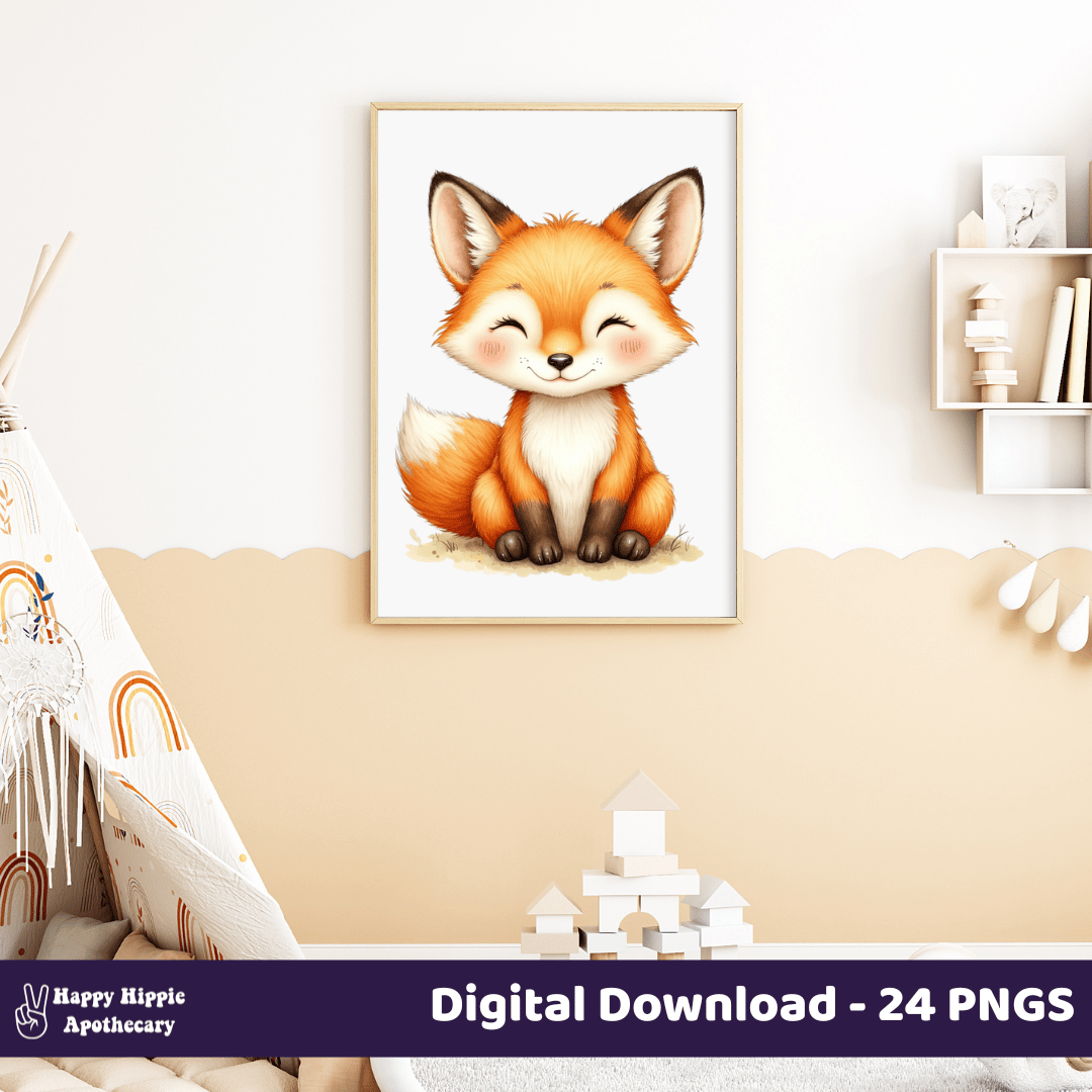 Woodland fox watercolor art print in soft nursery decor – animal PNG clipart for digital download and baby wall art