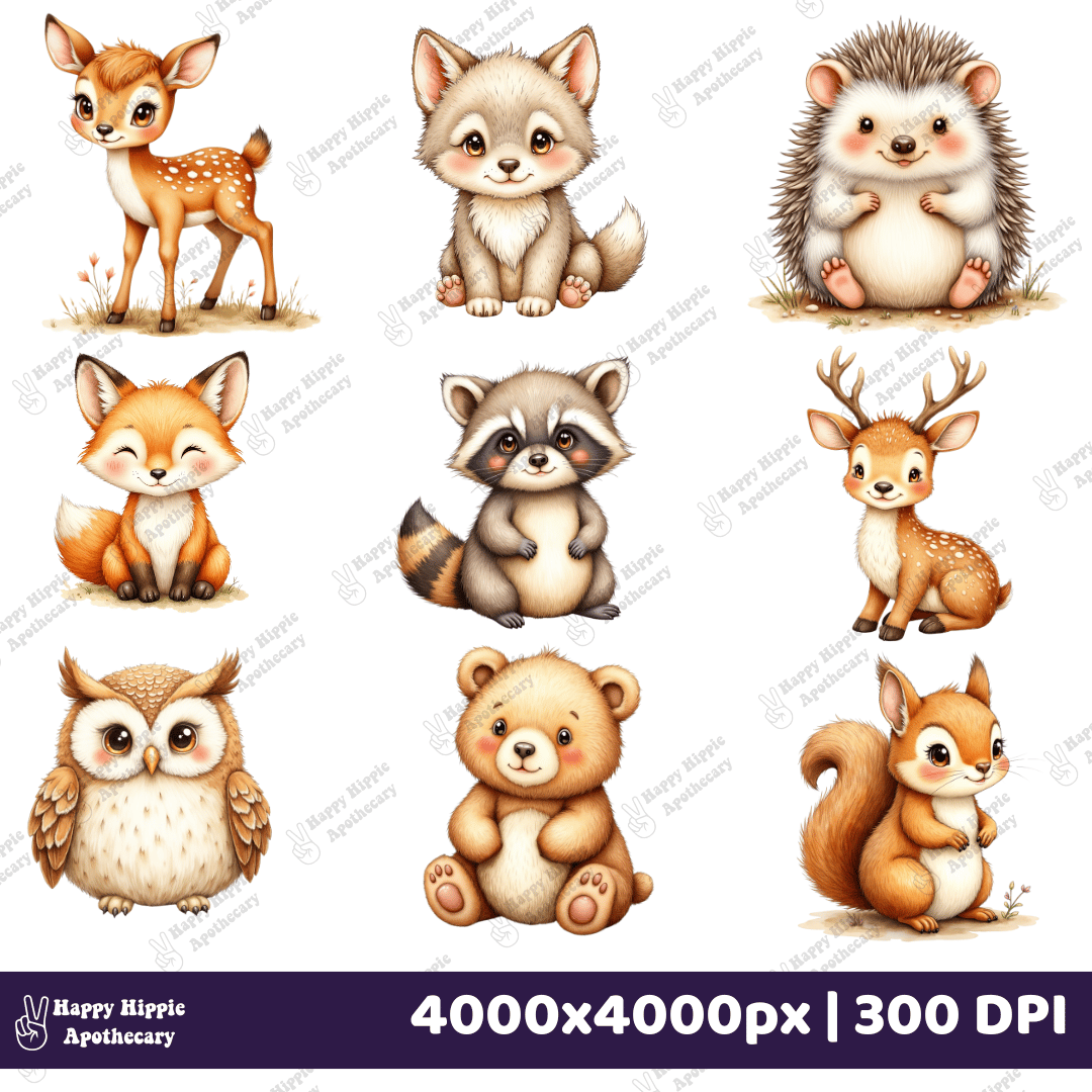 Watercolor woodland animal PNG bundle preview – includes deer, raccoon, fox, owl, bear, and more – 300 DPI transparent files