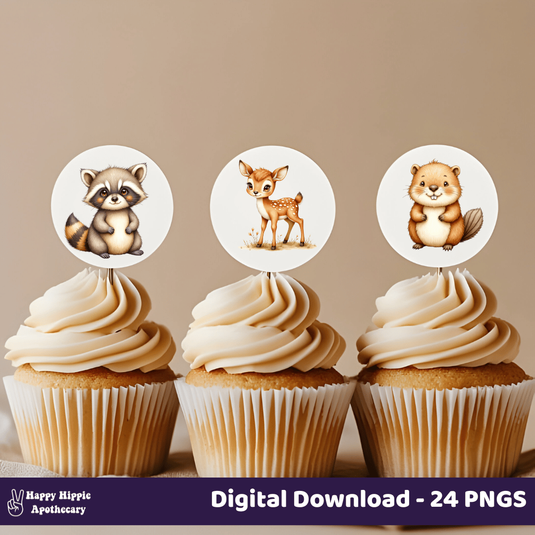 Woodland baby shower cupcake toppers featuring raccoon, deer, and beaver watercolor PNGs – printable forest animal decorations