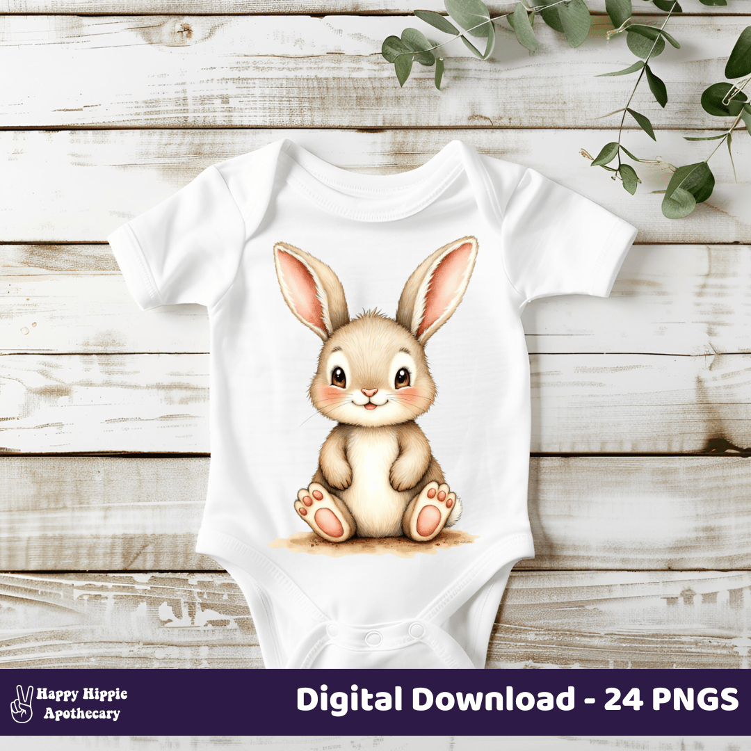 Adorable watercolor bunny PNG for baby onesie design – forest animal sublimation graphic for nursery clothing and gifts