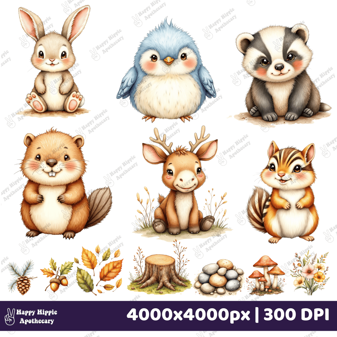 Woodland creature clipart and fall elements – rabbit, bird, mushrooms, tree stumps, pinecones – watercolor PNGs for nursery art