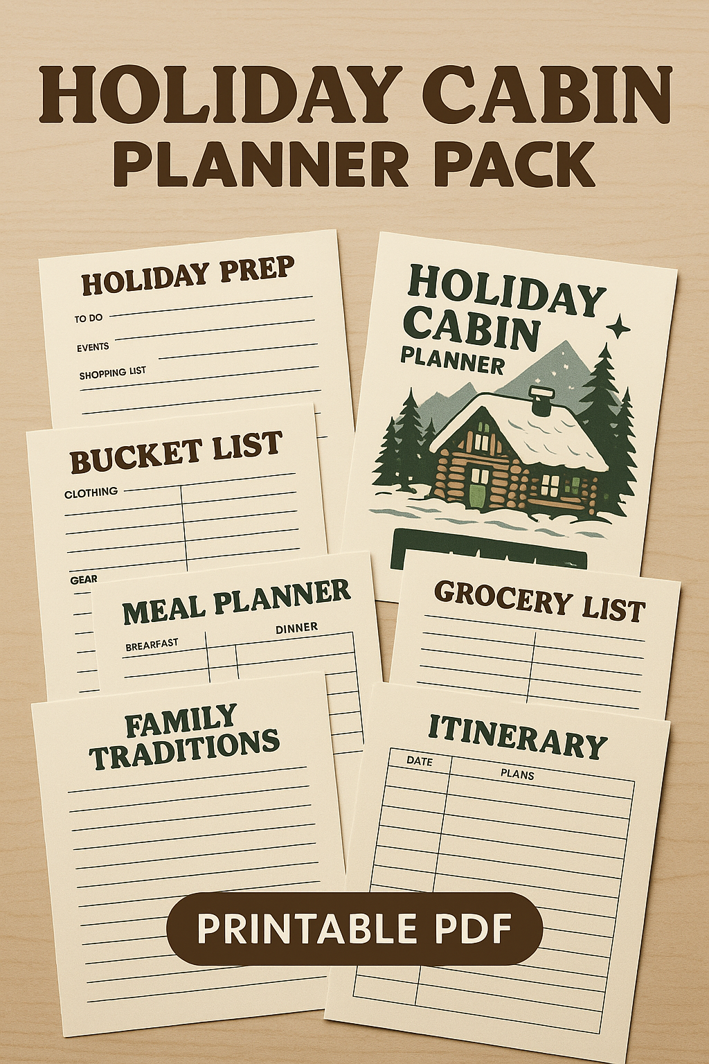 The “Holiday Cabin Planner Pack” wood-background mockup
