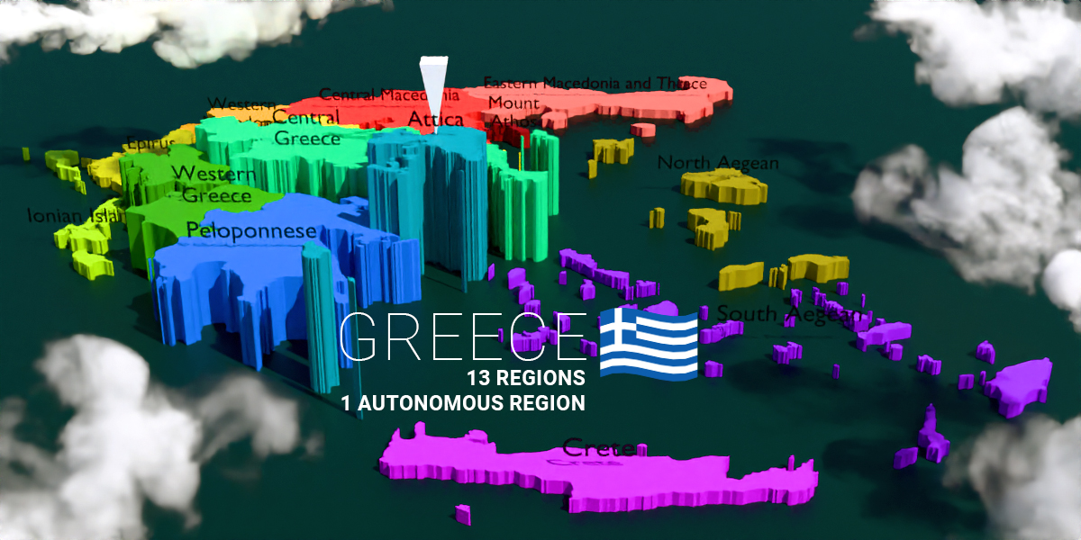 Greece 13 Regions & 1 Autonomous Region Map (3D Pre-rendered Images ...