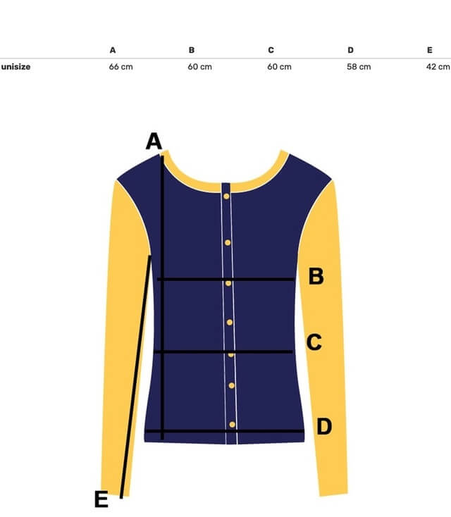 Maßskizze einer Bluse mit den Maßen A, B, C, D und E für die Größenbestimmung.