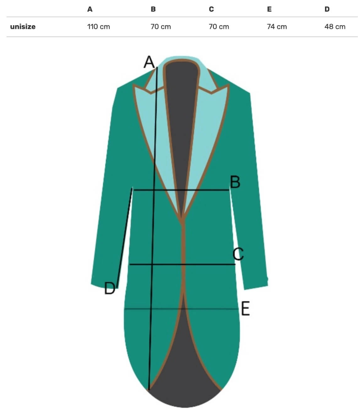 Maßgrafik des Anzugs mit den Abmessungen A, B, C und D zur Größenbestimmung.