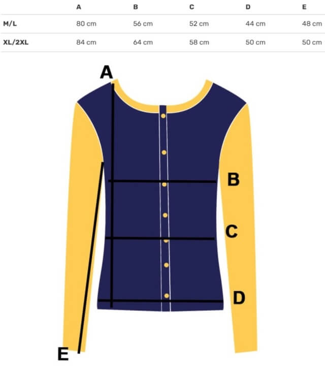 Größentabelle für einen Damenpulli mit Maßangaben für M/L und XL/2XL in cm.