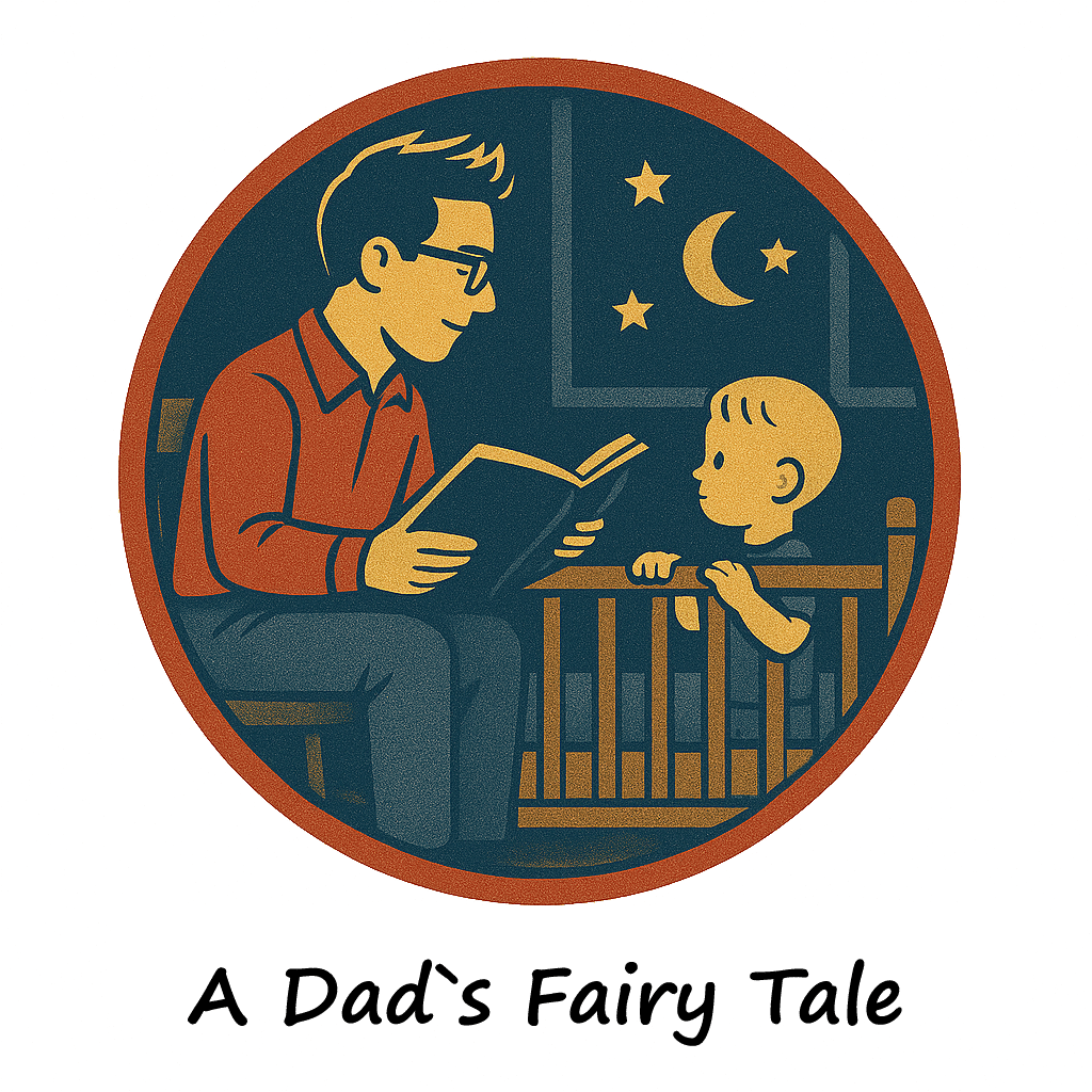 Vintage-style circular logo illustrating a father reading a bedtime story to his young child, who is standing inside a crib and holding the rail. The scene includes a night sky with a crescent moon and stars, warm retro colors, and the text ‘A Dad’s Fairy Tale’ beneath the illustration.