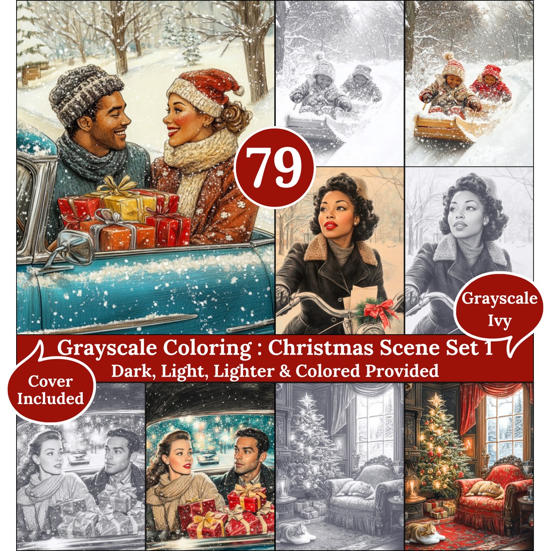 Christmas Scene Set 1, 79 Grayscale Coloring Pages, Cozy Fantasy Winter Scene and landscape, Dark Light Lighter and Colored, PDF