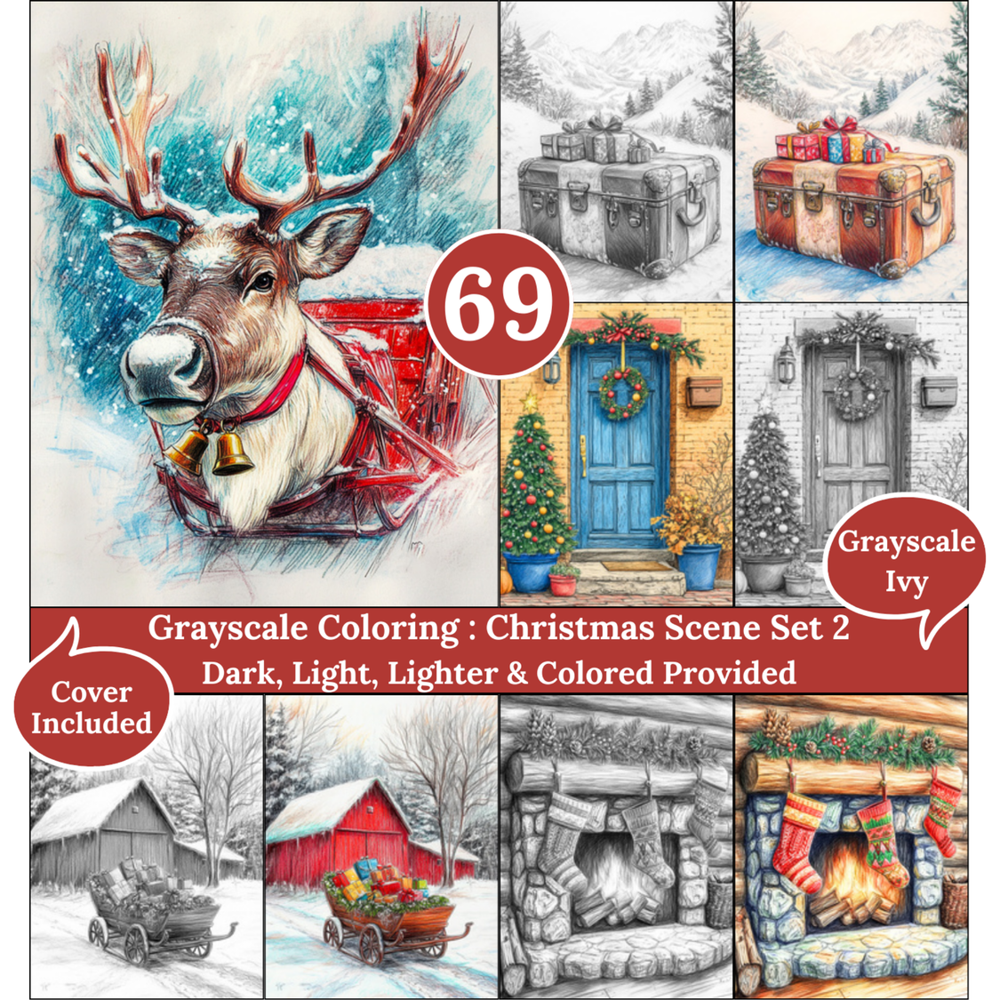 Christmas Scene Set 2, 69 Grayscale Coloring Pages, Cozy Fantasy Winter Scene and landscape, Dark Light Lighter and Colored, PDF