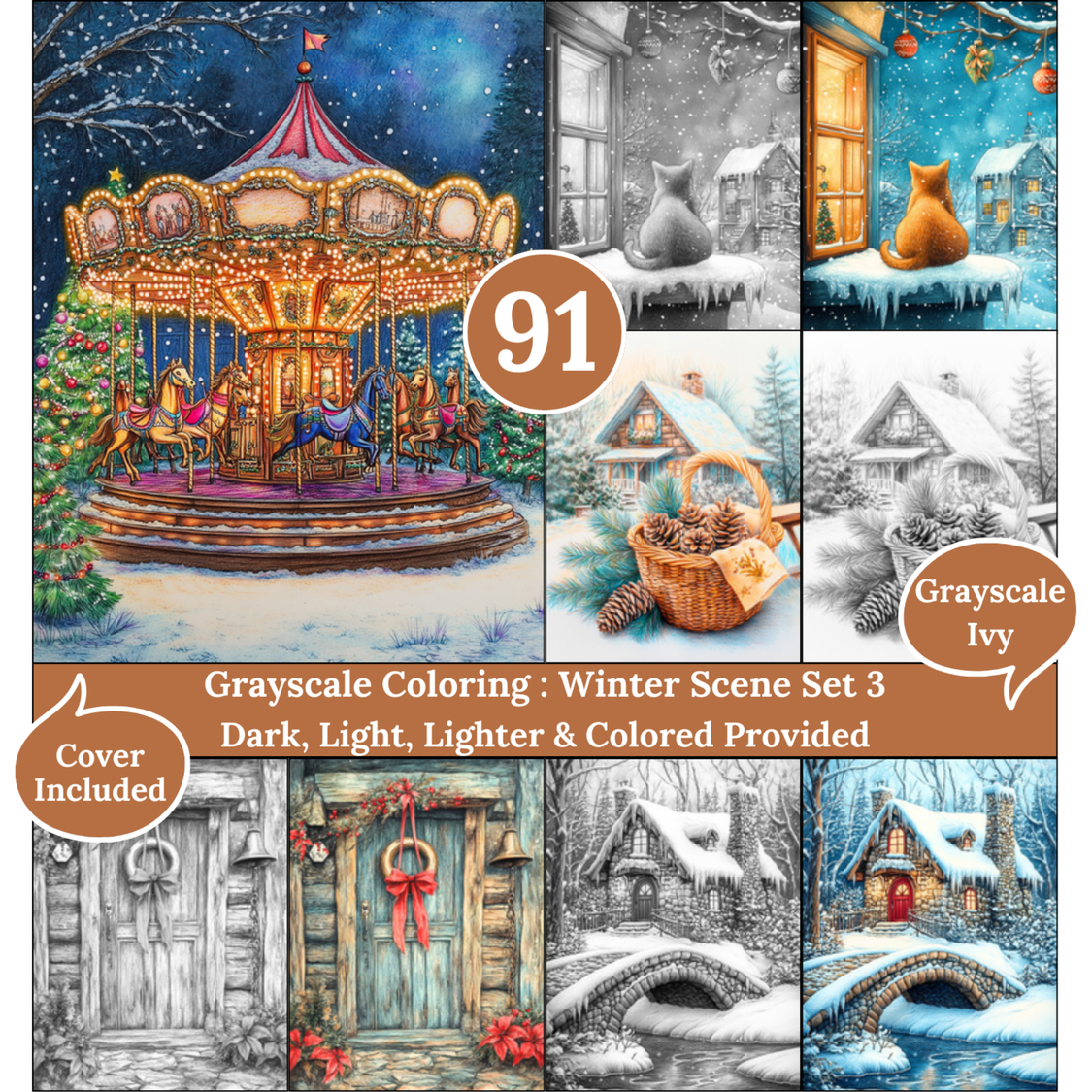 Winter Scene Set 3, 91 Grayscale Coloring Pages, Fantasy Winter Landscapes and Snowy Scenes, Dark Light Lighter and Colored Versions, PDF