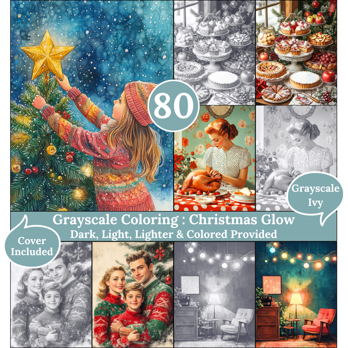 Christmas Glow, 80 Grayscale Coloring Pages, Vintage Winter and Christmas Portraits, Dark Light Lighter and Colored Versions, Printable PDF