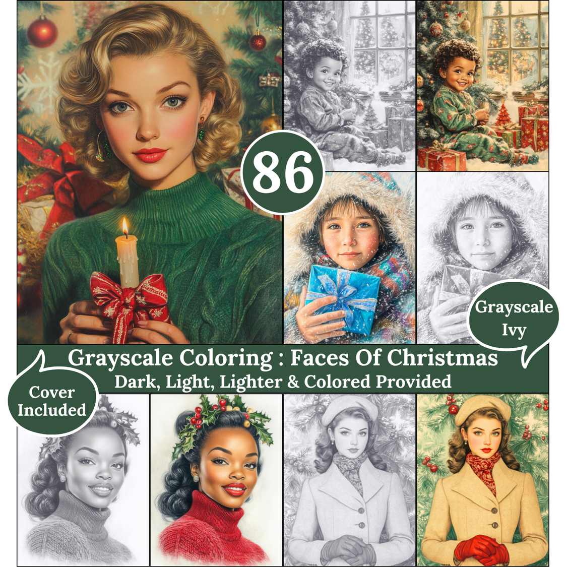 Face of Christmas, 86 Grayscale Coloring Pages, Cozy Vintage and Retro Christmas Portraits, Dark Light Lighter and Colored Versions, PDF